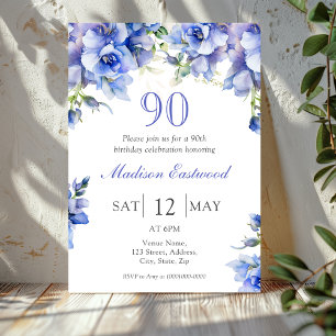 Elégant bleu floral 90e anniversaire Invitation