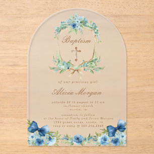 Elégant bleu Floral Cross Baptism Invitation