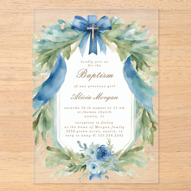 Elégant bleu Floral Cross Baptism Invitation (Recto)