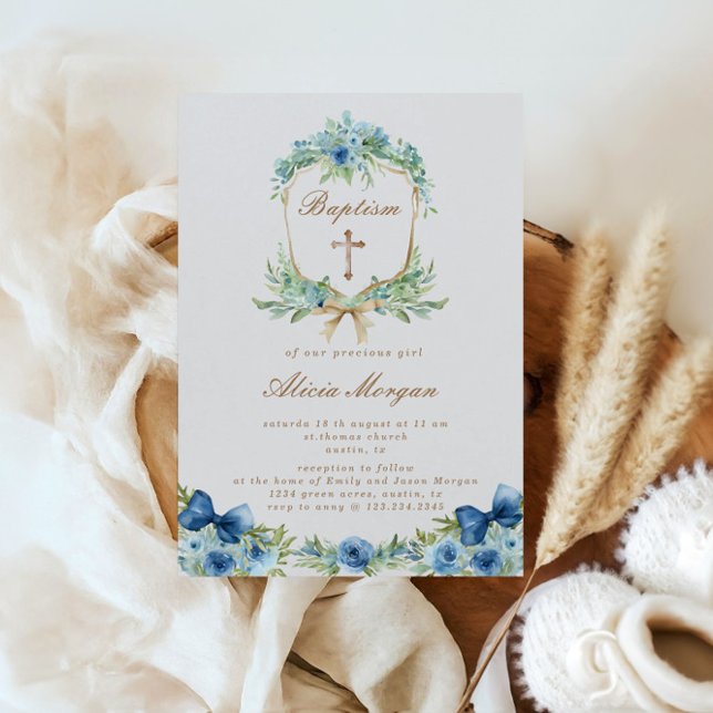 Elégant bleu Floral Cross Baptism Invitation (Créateur téléchargé)