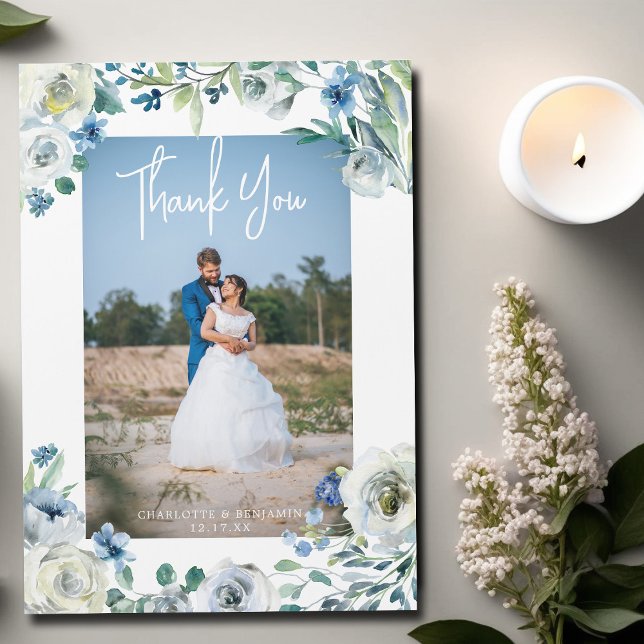 Elégant bleu Floral Mariage photo carte magnétique (Créateur téléchargé)