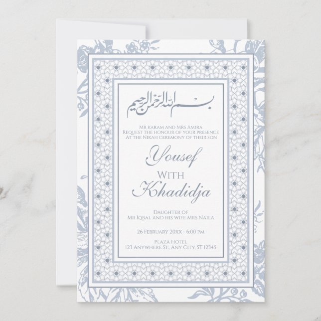 Elégant bleu floral musulman Nikah Invitation (Devant)