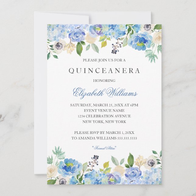 Elégant bleu Floral Quinceanera Invitation (Devant)