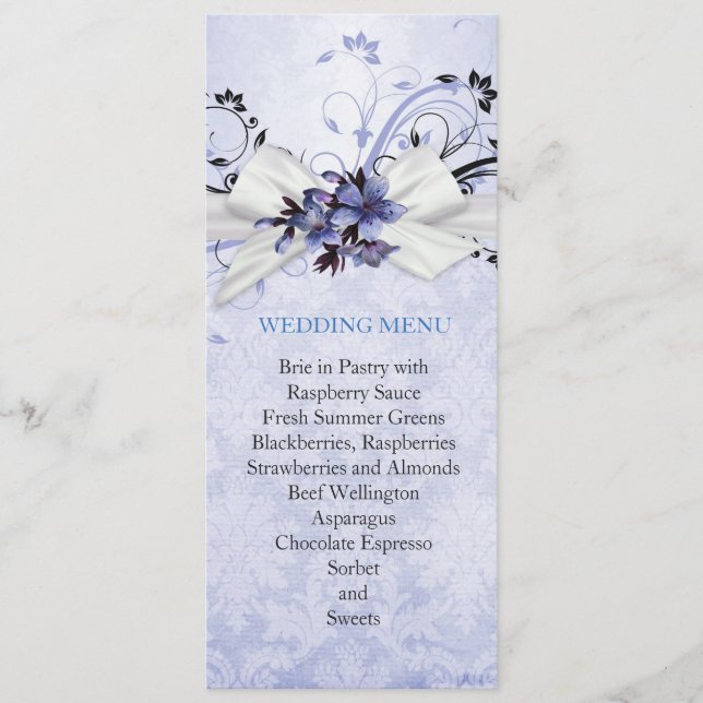 Élégant bleu Floral Ribbon Mariage damassé Menu (Devant)