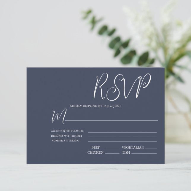 Elégant bleu foncé et blanc mariage carte RSVP (Debout devant)