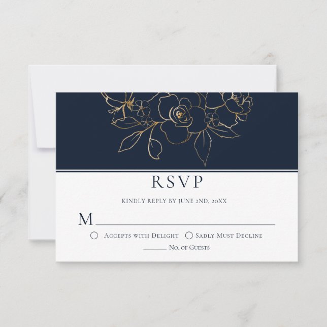 Elégant bleu marine avec Roses croqués d'or RSVP (Devant)