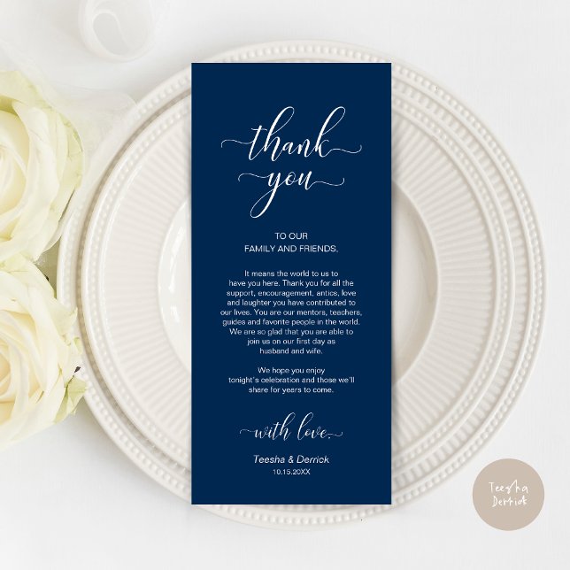 Elégant bleu marine, Carte de remerciements de rég (Wedding Dinner Place Setting Thank You Card, Modern Classy Design, Navy Blue)