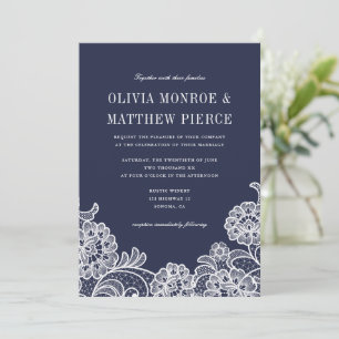 Elégant bleu marine dentelle blanche   Invitations