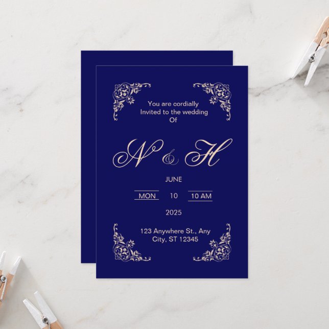 Élégant bleu marine faire-part de mariage pop up (Devant/Arrière en situation)