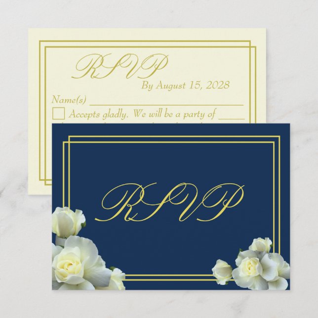 Elégant bleu marine Roses blanches Carte RSVP mini (Devant / Derrière)