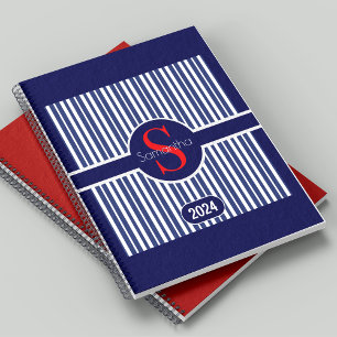 Élégant bleu marine rouge rayé monogramme initial
