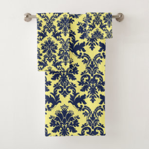 Elégant bleu marine sur jaune vintage damas florau