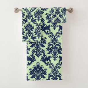 Elégant bleu marine sur vert vintage damas floraux