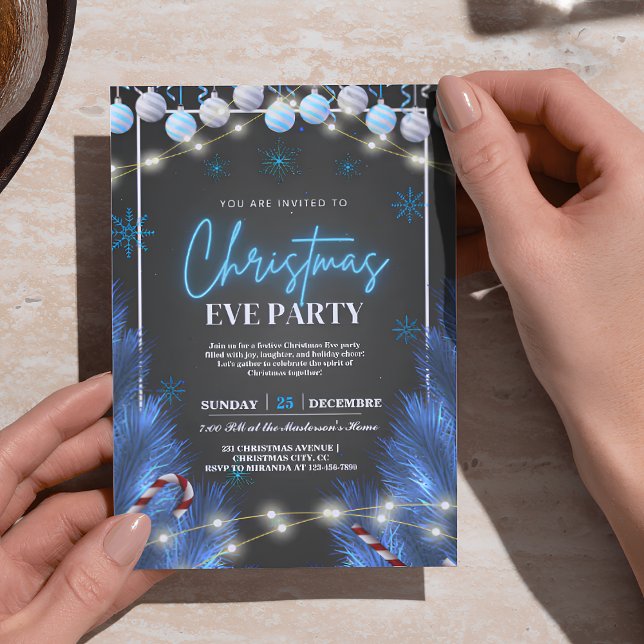 Elégant Bleu & Noir Fête de Noël Invitations (Créateur téléchargé)
