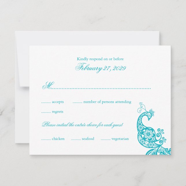 Elégant bleu Paisley Peacock Wedding Carte RSVP (Devant)