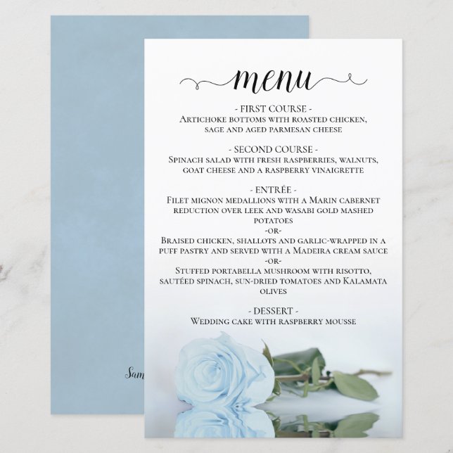 Elégant bleu pâle Dusty Rose Budget Mariage Menu (Devant / Derrière)