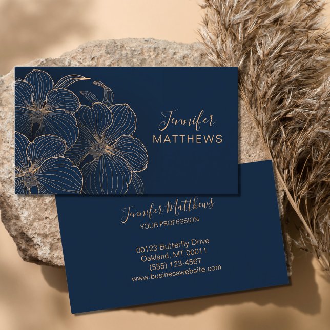 Elegant Bloom Navy Gold Orchid Floral Visitenkarte (Von Creator hochgeladen)
