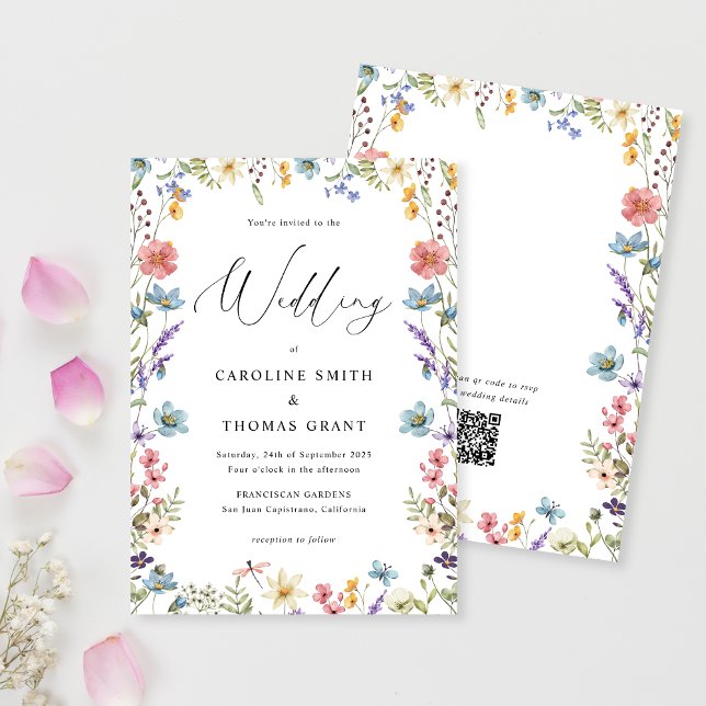 Elegant Bloom Wildblume Script QR Code Wedding Einladung (Von Creator hochgeladen)