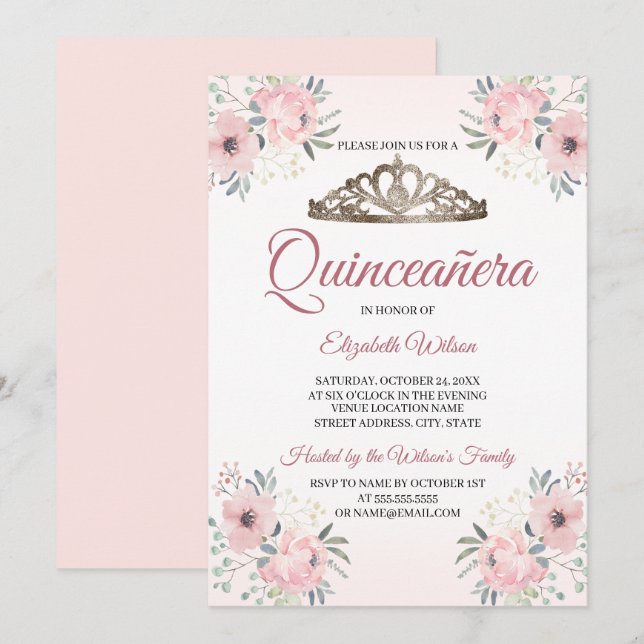 Elegant Bloral Rosa Quinceanera Einladung (Vorne/Hinten)