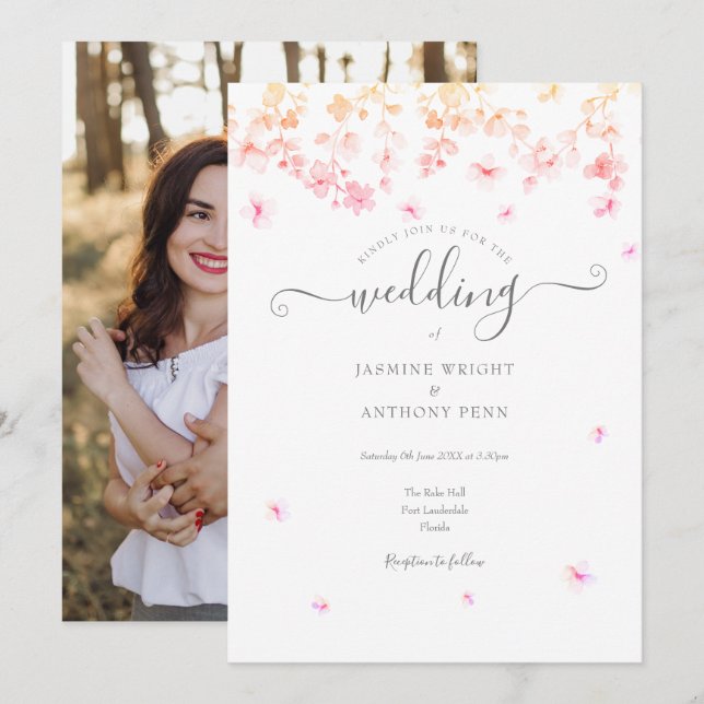 Elegant Blossom Foto Hochzeit Einladung (Vorne/Hinten)