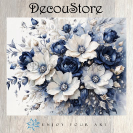 Elegant Blossoms in Blue & White Decoupage Seidenpapier