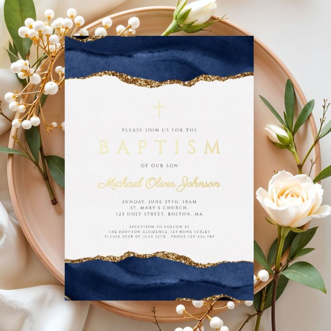 Elegant Blue Agate Boy Taufe Gold Folieneinladung (Elegant Blue Agate Boy Baptism Gold Foil Invitation)