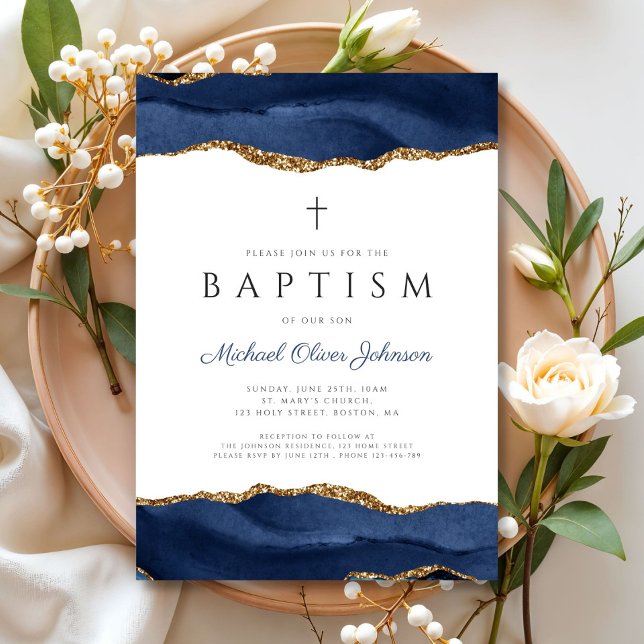 Elegant Blue Agate Religious Baby Baptisse Einladung (Elegant Blue Agate Religious Baby Baptism Invitation)