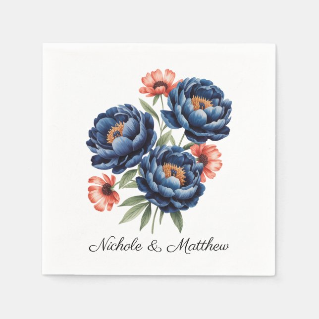 Elegant Blue and Burnt Orange Floral Wedding Serviette (Vorderseite)