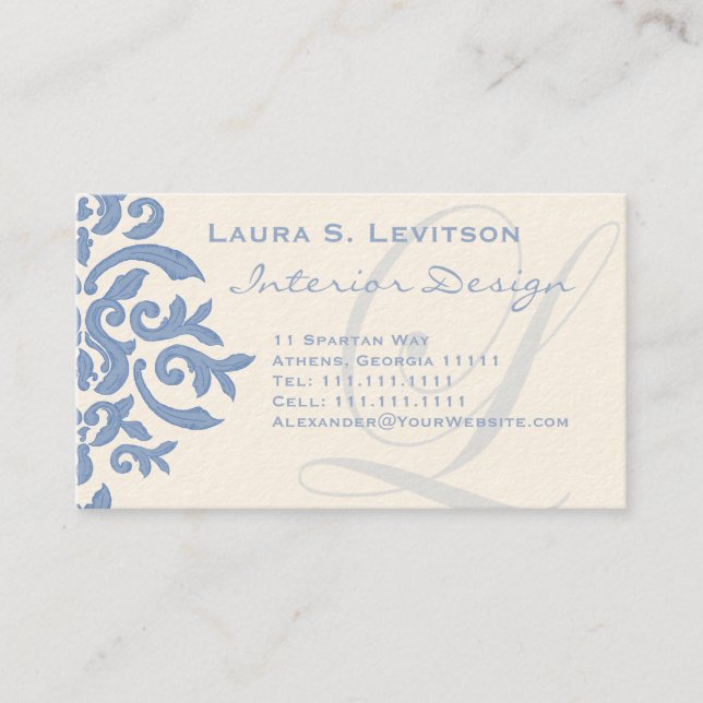 Elegant Blue and Cream Damask Letter L Visitenkarte (Vorderseite)