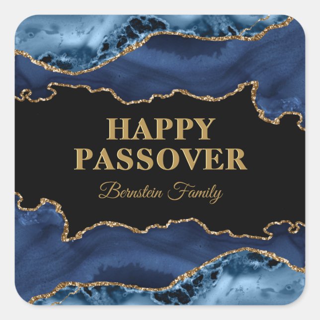 Elegant Blue and Gold Agate Hebrew Happy Passover Quadratischer Aufkleber (Vorderseite)