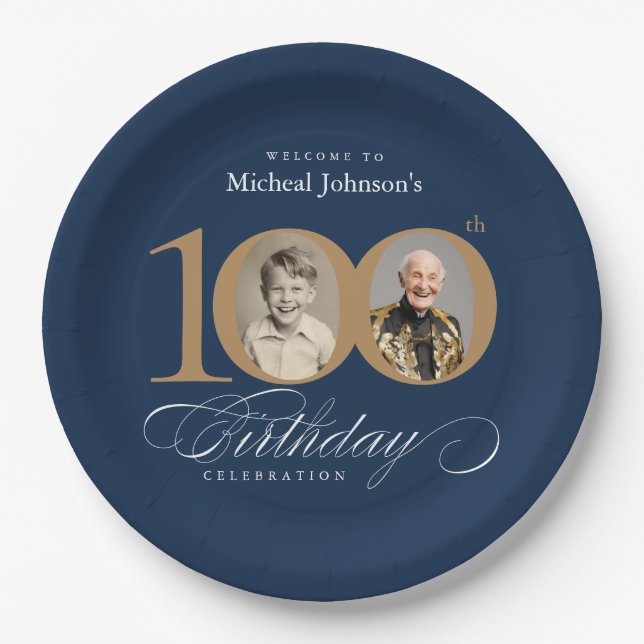 Elegant Blue and Gold Custom Photo 100th Birthday  Pappteller (Vorderseite)
