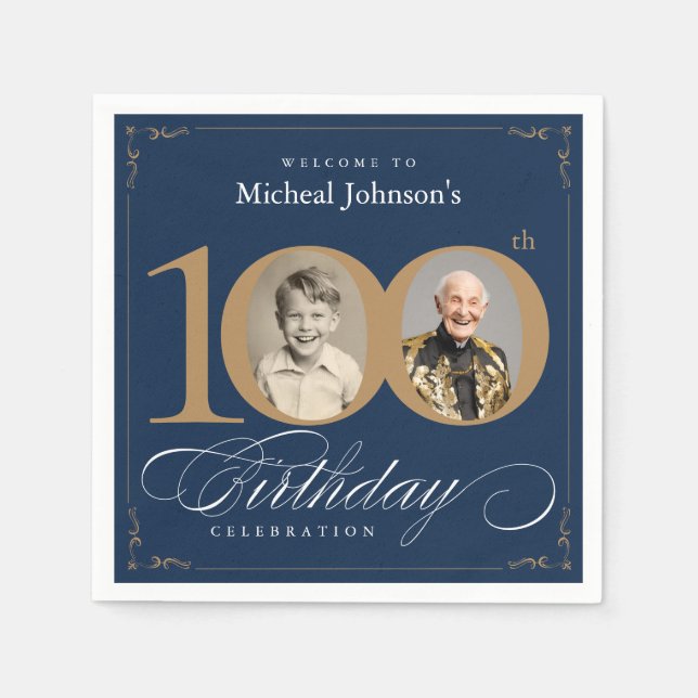 Elegant Blue and Gold Custom Photo 100th Birthday  Serviette (Vorderseite)