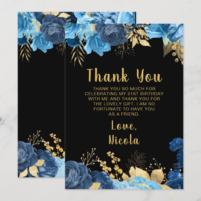 Elegant Blue and Gold Flowers Birthday Party Dankeskarte (Vorne/Hinten)