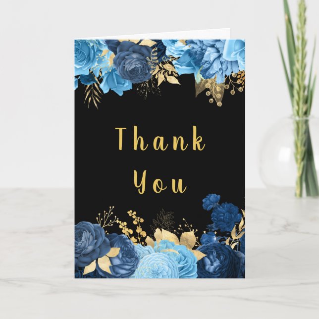 Elegant Blue and Gold Flowers Hanukkah Party Dankeskarte (Vorderseite)