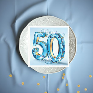 Elegant Blue and Gold Gemstone 50. Geburtstag Serviette