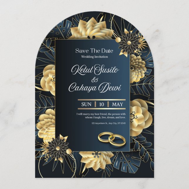 Elegant Blue and Gold Luxury Wedding Invitation Einladung (Vorderseite)