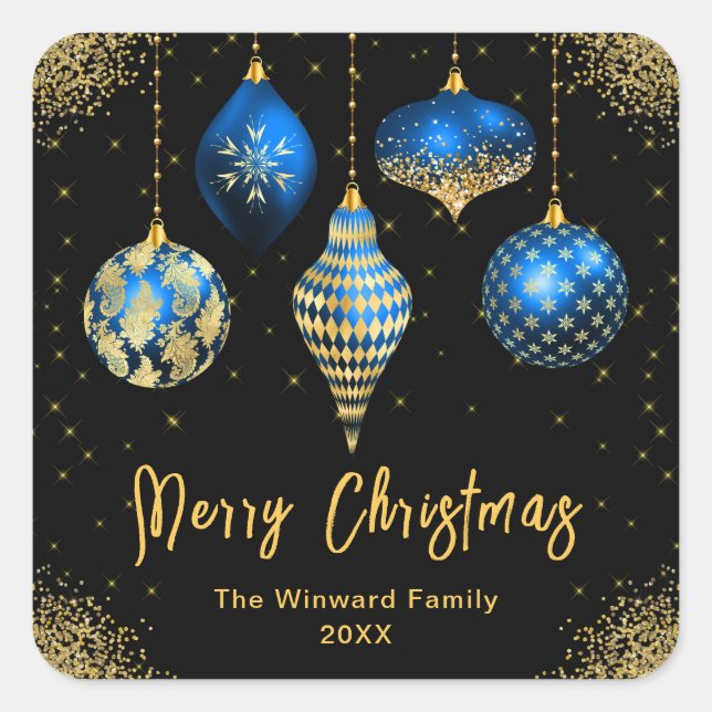 Elegant Blue and Gold Ornament Christmas Quadratischer Aufkleber (Vorderseite)