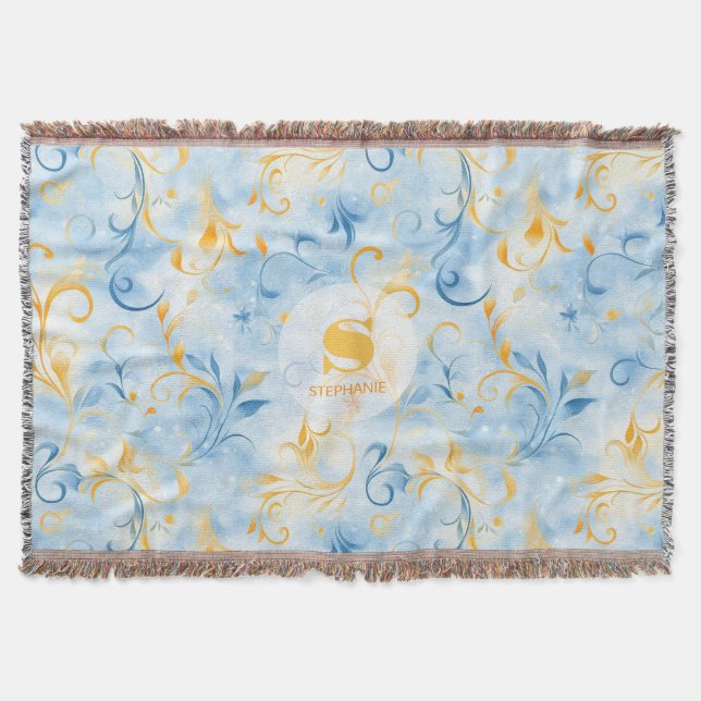 Elegant Blue and Gold Paisley Inspiriert Leaf Decke (Vorderseite)