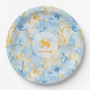 Elegant Blue and Gold Paisley Inspiriert Leaf Pappteller