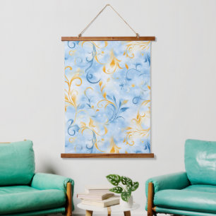 Elegant Blue and Gold Paisley Inspiriert Leaf Wandteppich Mit Holzrahmen