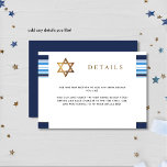 Elegant Blue and Gold Tallit Bar Mitzvah Details Begleitkarte<br><div class="desc">Fügen Sie eine separate Informationskarte mit weiteren Details mit unserer Koordinatenkarte hinzu! Karte koordiniert unsere Bar Mitzvah blau und gold Einladung. Das elegante Tallimotiv, gepaart mit einem wunderschön gestalteten Star of David, Set den Ton für Ihre Veranstaltung. Star von David in schönen Imitaten Goldfolie. Benutzen Sie unsere Textfelder in der...</div>