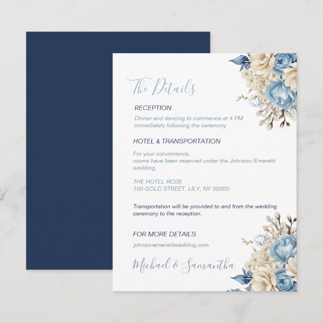 Elegant Blue and Ivory Rose Wedding Begleitkarte (Vorne/Hinten)