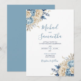 Elegant Blue and Ivory Rose Wedding Einladung
