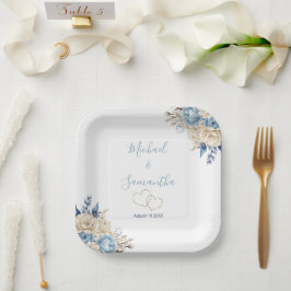 Elegant Blue and Ivory Rose Wedding Pappteller