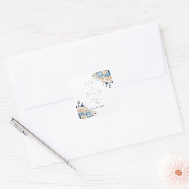 Elegant Blue and Ivory Rose Wedding Quadratischer Aufkleber (Umschlag)