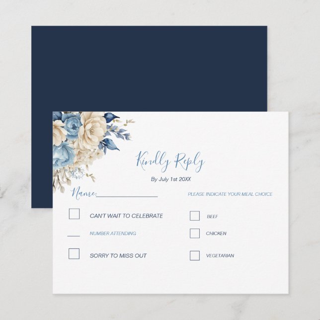 Elegant Blue and Ivory Rose Wedding RSVP Karte (Vorne/Hinten)