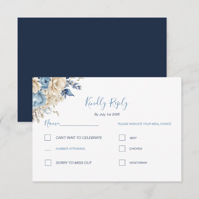 Elegant Blue and Ivory Rose Wedding RSVP Karte (Vorne/Hinten)