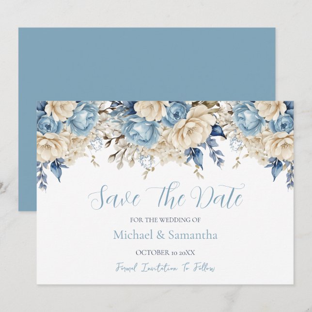 Elegant Blue and Ivory Rose Wedding Save The Date (Vorne/Hinten)