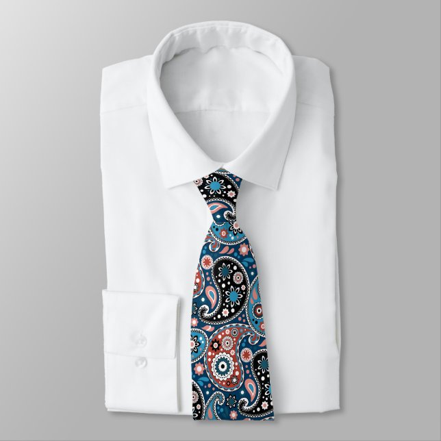 Elegant Blue and Red Persian Paisley Print Krawatte (Gebunden)