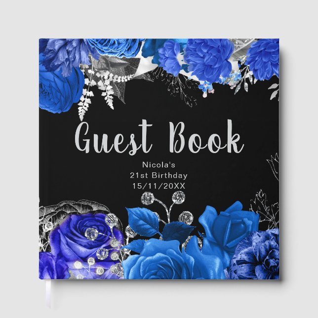 Elegant Blue and Silver Flowers Birthday Party Gästebuch (Vorderseite)